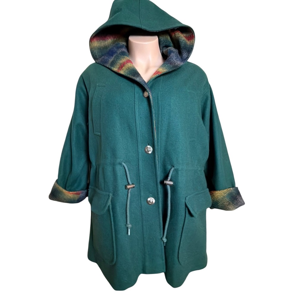 Vintage Jofeld Forstmann Wool Hooded Coat Southwestern Blanket Trim Green L